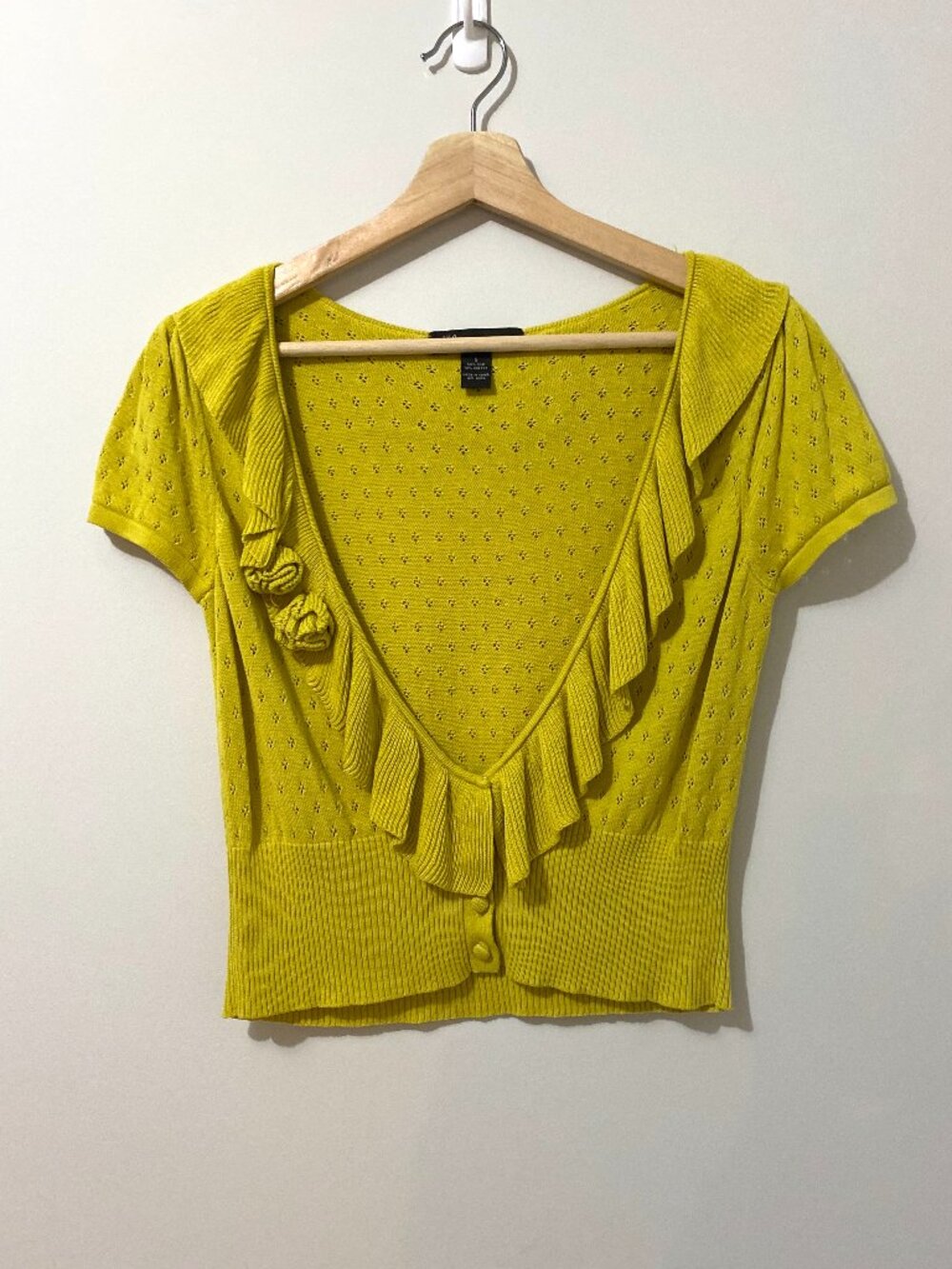 Y2K Silk Cotton Blend Pointelle Knit Short Sleeved Cardigan Top Ruffle Collar